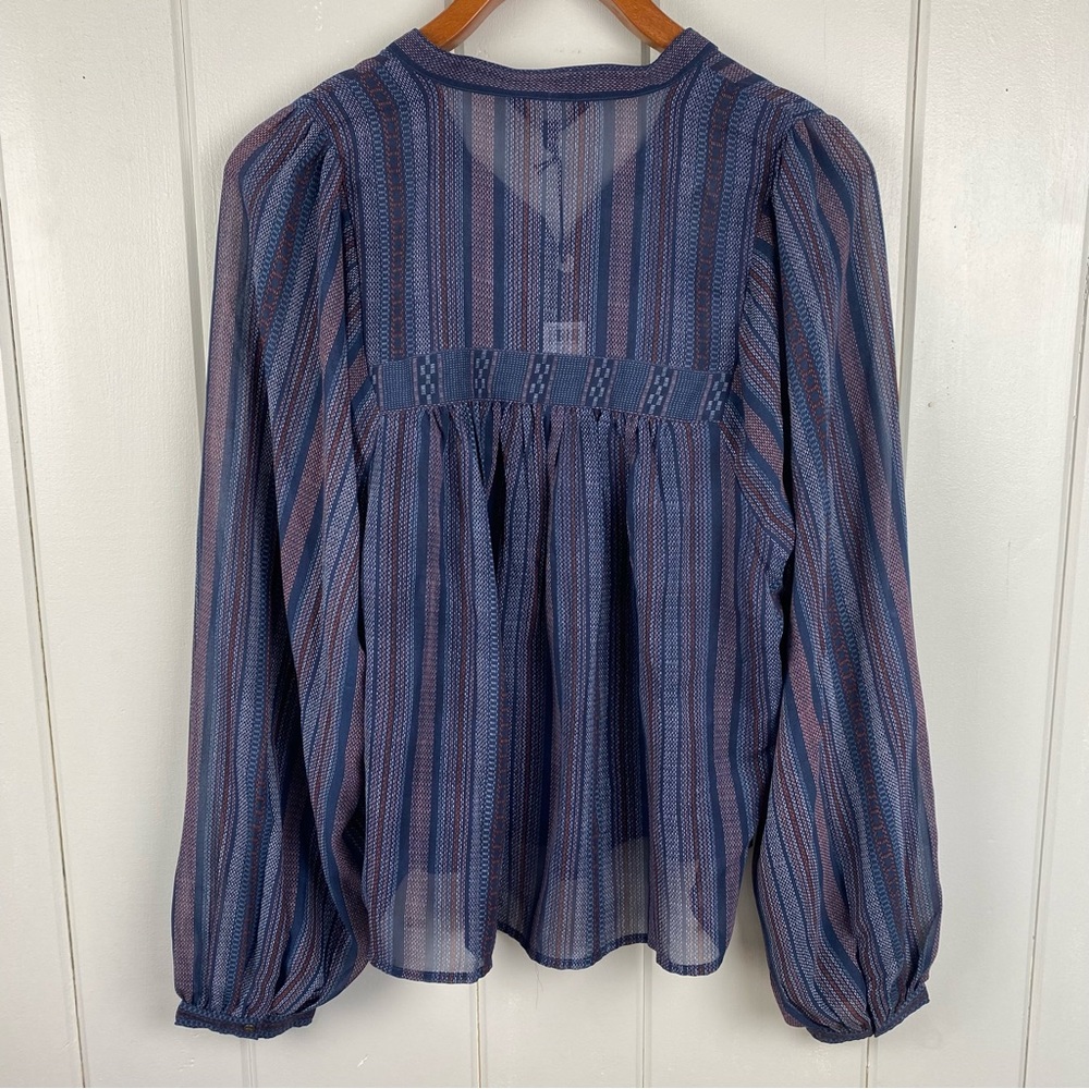 Lucky Brand Blue Red Striped Boho Peasant Top Blouse Sheer Tassel Tie  Medium